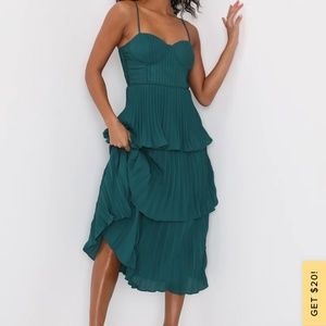 Lulu’s Cascading Crush Emerald Green Tiered Bustier Midi Dress